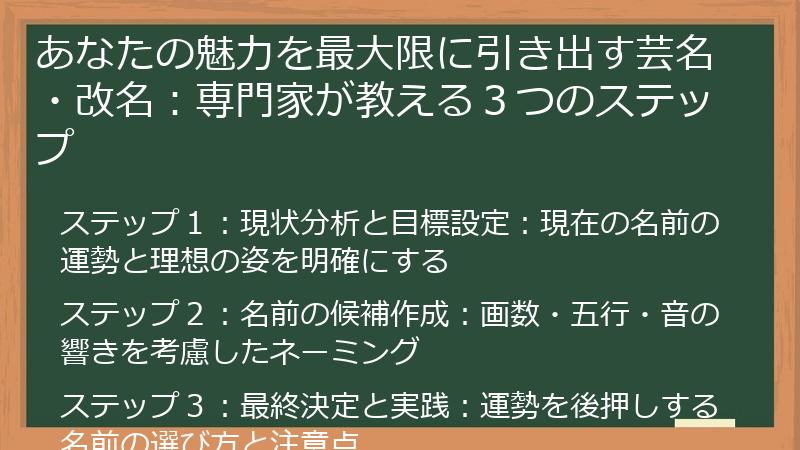 あなたの魅力を最大限に引き出す芸名・改名：専門家が教える３つのステップ