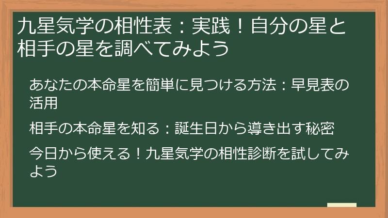 九星気学の相性表：実践！自分の星と相手の星を調べてみよう