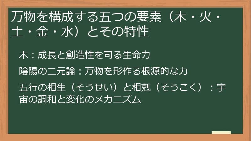 万物を構成する五つの要素（木・火・土・金・水）とその特性
