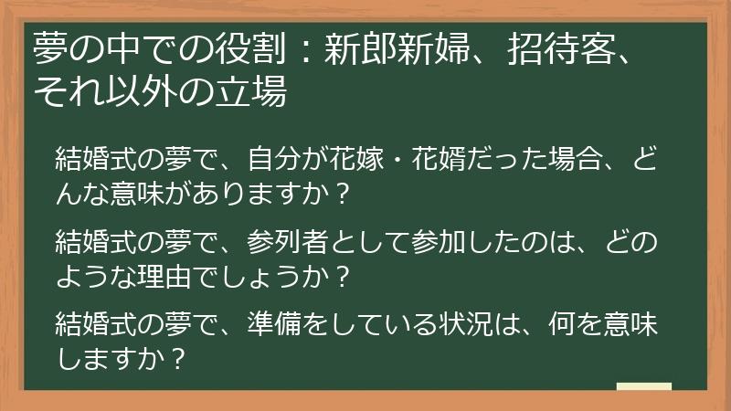 夢の中での役割：新郎新婦、招待客、それ以外の立場