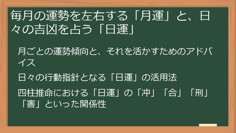 毎月の運勢を左右する「月運」と、日々の吉凶を占う「日運」