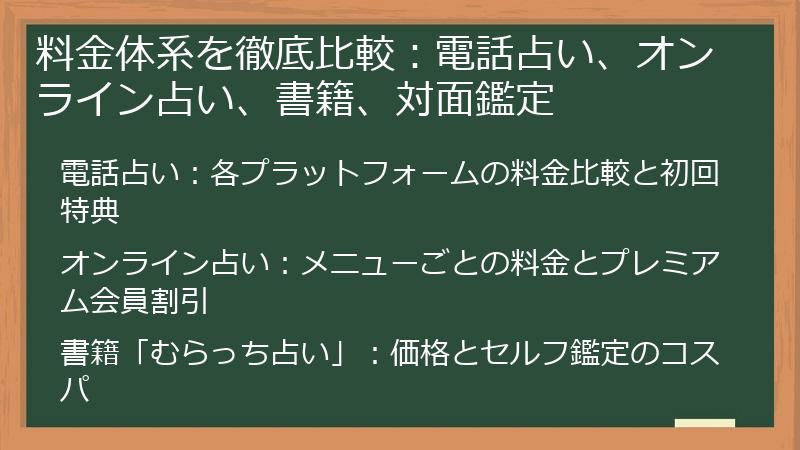 料金体系を徹底比較：電話占い、オンライン占い、書籍、対面鑑定