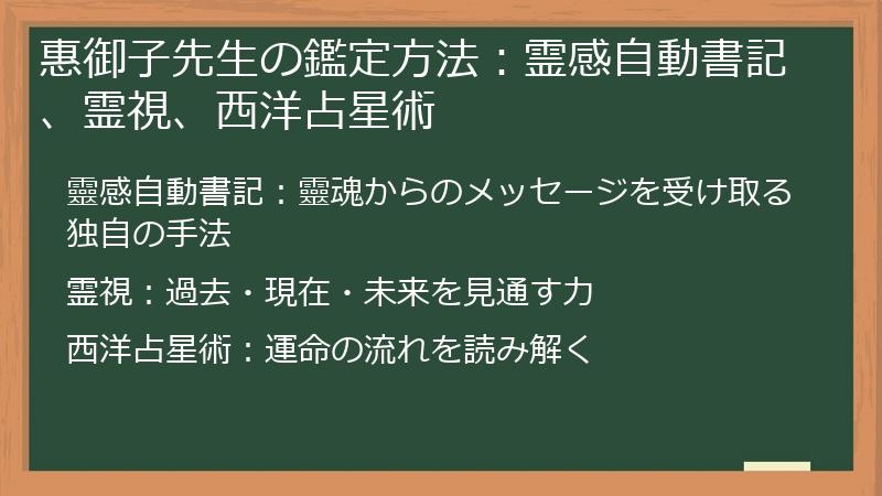 惠御子先生の鑑定方法：霊感自動書記、霊視、西洋占星術