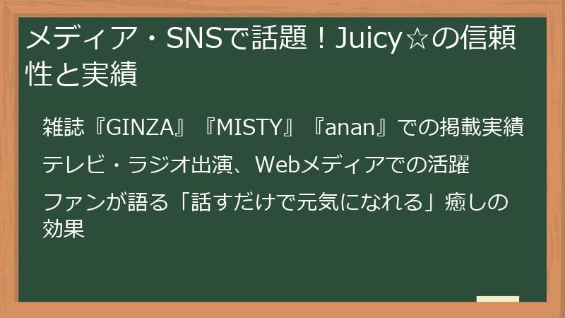 メディア・SNSで話題！Juicy☆の信頼性と実績