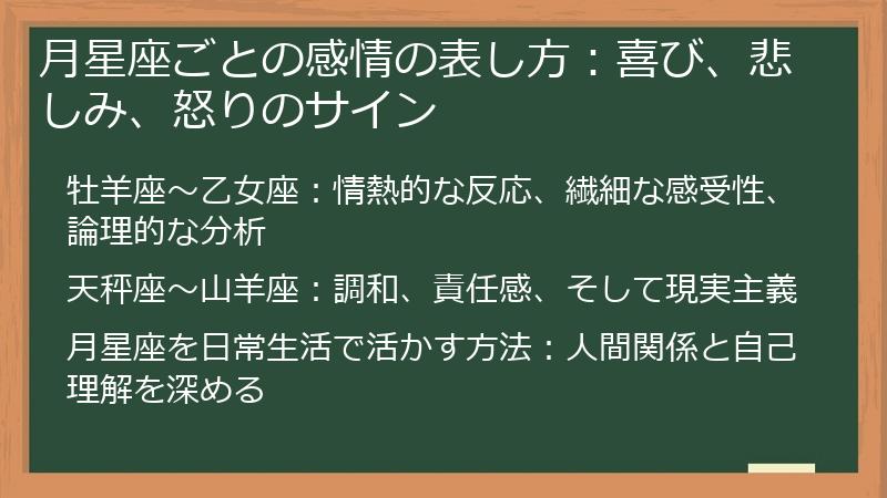 月星座ごとの感情の表し方：喜び、悲しみ、怒りのサイン