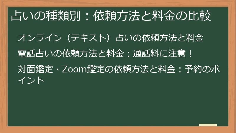 占いの種類別：依頼方法と料金の比較