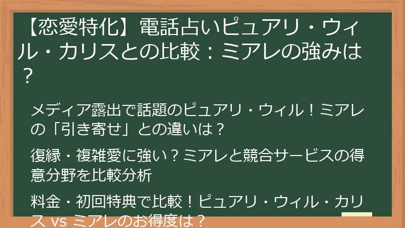 【恋愛特化】電話占いピュアリ・ウィル・カリスとの比較：ミアレの強みは？