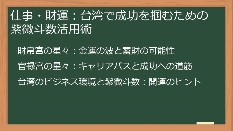仕事・財運：台湾で成功を掴むための紫微斗数活用術