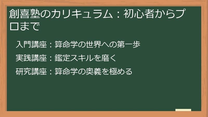 創喜塾のカリキュラム：初心者からプロまで