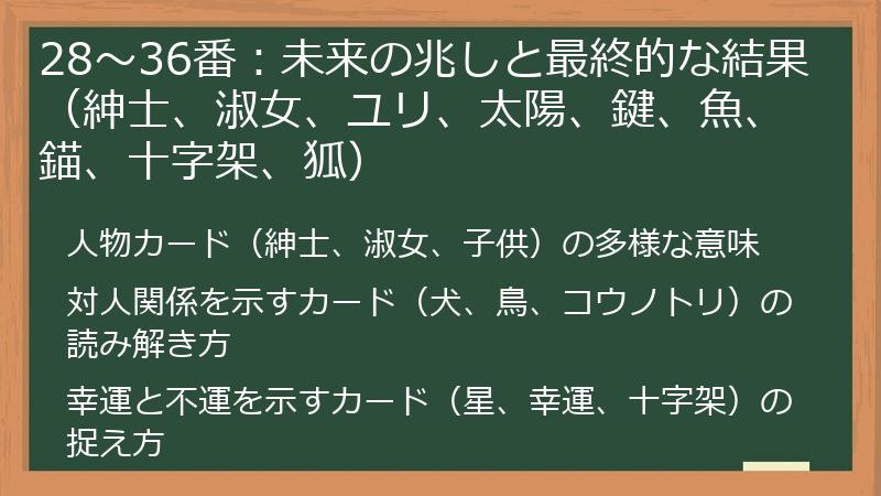 28～36番：未来の兆しと最終的な結果（紳士、淑女、ユリ、太陽、鍵、魚、錨、十字架、狐）
