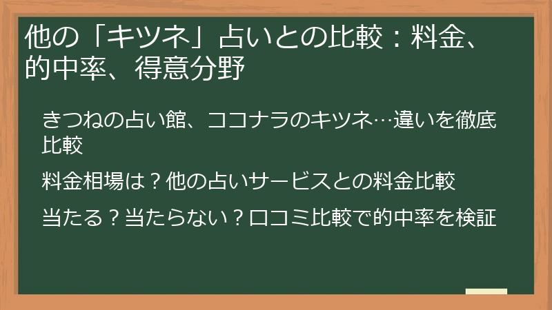 他の「キツネ」占いとの比較:料金、的中率、得意分野