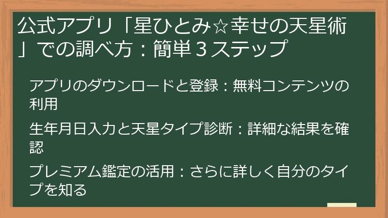 公式アプリ「星ひとみ☆幸せの天星術」での調べ方：簡単３ステップ