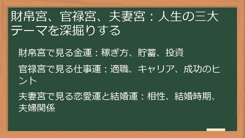 財帛宮、官禄宮、夫妻宮：人生の三大テーマを深掘りする