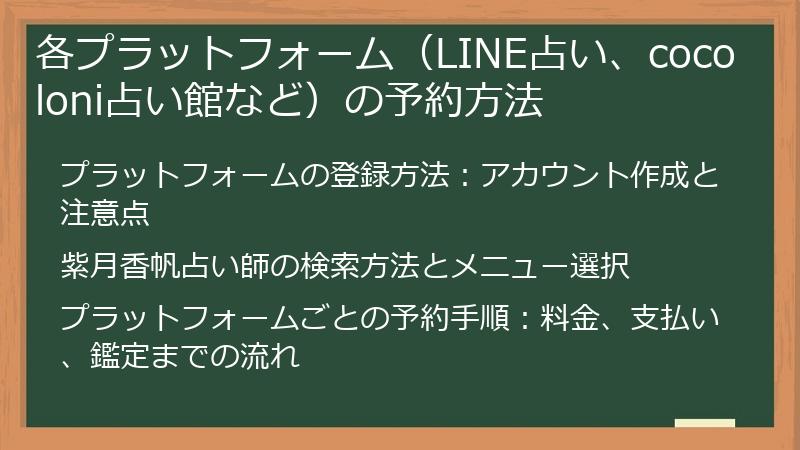 各プラットフォーム（LINE占い、cocoloni占い館など）の予約方法