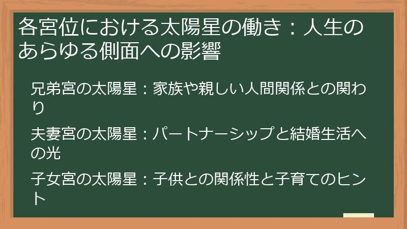 各宮位における太陽星の働き：人生のあらゆる側面への影響