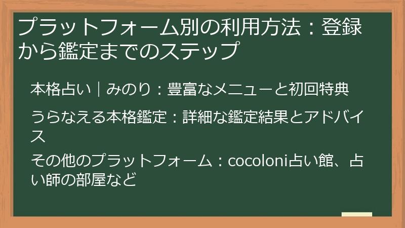 プラットフォーム別の利用方法：登録から鑑定までのステップ