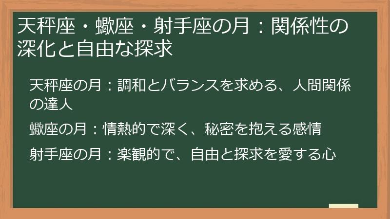 天秤座・蠍座・射手座の月：関係性の深化と自由な探求
