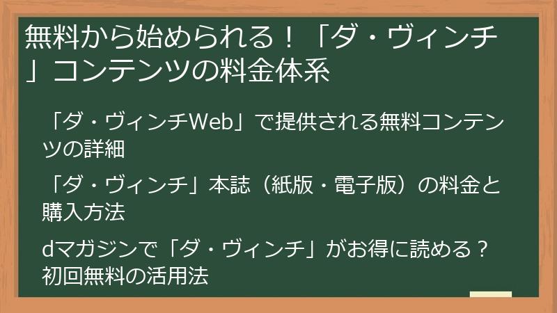 無料から始められる！「ダ・ヴィンチ」コンテンツの料金体系