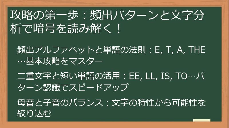 攻略の第一歩：頻出パターンと文字分析で暗号を読み解く！