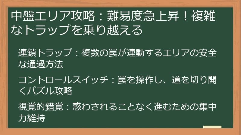 中盤エリア攻略：難易度急上昇！複雑なトラップを乗り越える