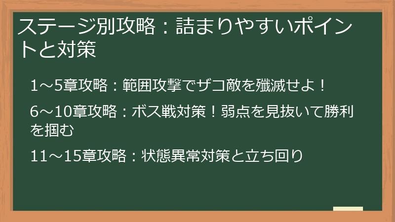 ステージ別攻略：詰まりやすいポイントと対策