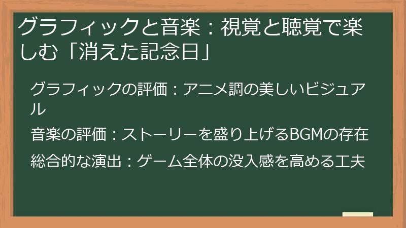 グラフィックと音楽：視覚と聴覚で楽しむ「消えた記念日」