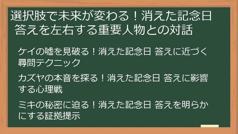 選択肢で未来が変わる！消えた記念日 答えを左右する重要人物との対話