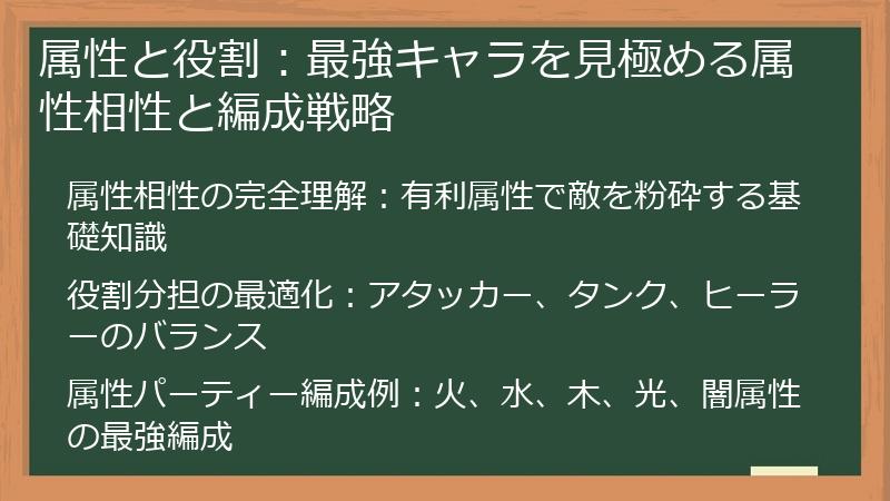 属性と役割：最強キャラを見極める属性相性と編成戦略