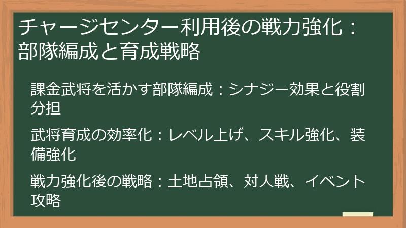 チャージセンター利用後の戦力強化：部隊編成と育成戦略