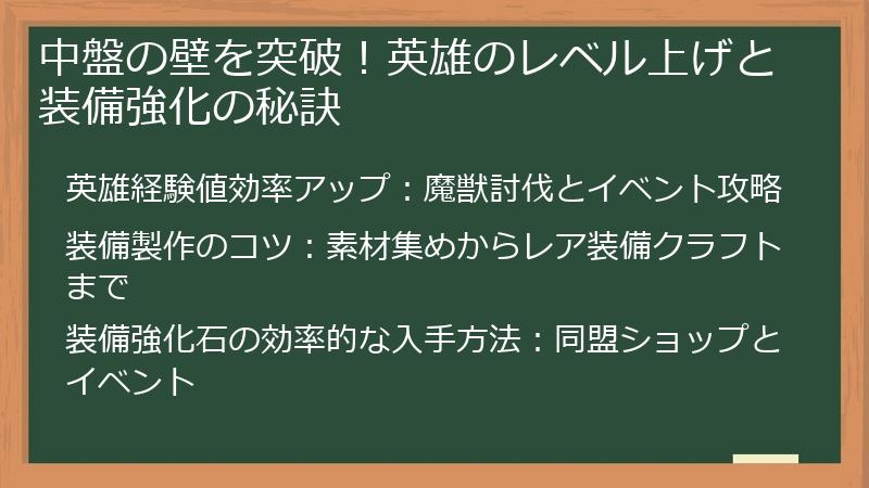 中盤の壁を突破！英雄のレベル上げと装備強化の秘訣