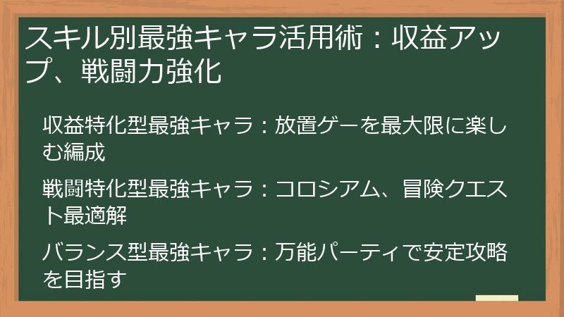 スキル別最強キャラ活用術：収益アップ、戦闘力強化