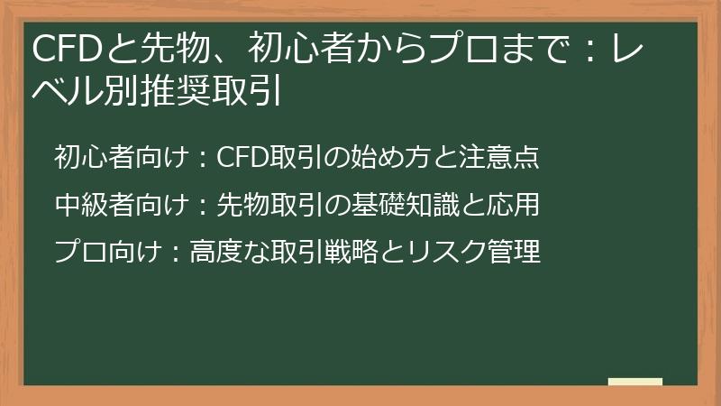 CFDと先物、初心者からプロまで：レベル別推奨取引