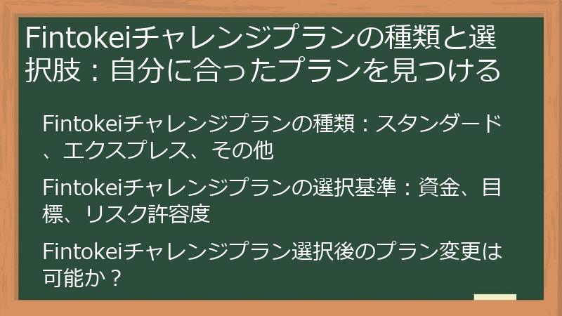 Fintokeiチャレンジプランの種類と選択肢：自分に合ったプランを見つける