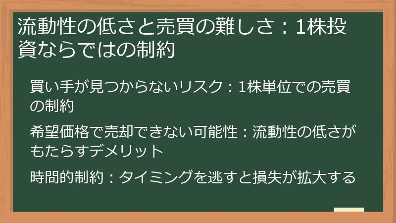 流動性の低さと売買の難しさ：1株投資ならではの制約