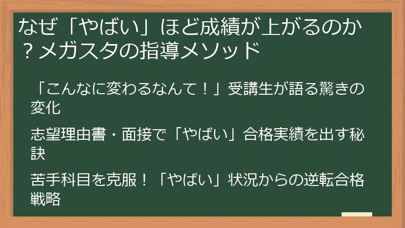 なぜ「やばい」ほど成績が上がるのか？メガスタの指導メソッド