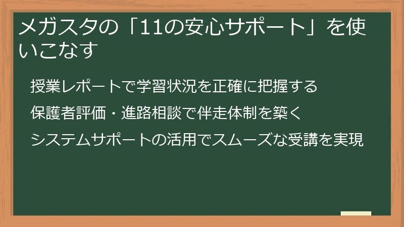 メガスタの「11の安心サポート」を使いこなす