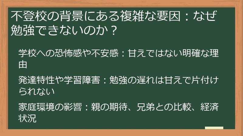 不登校の背景にある複雑な要因：なぜ勉強できないのか？