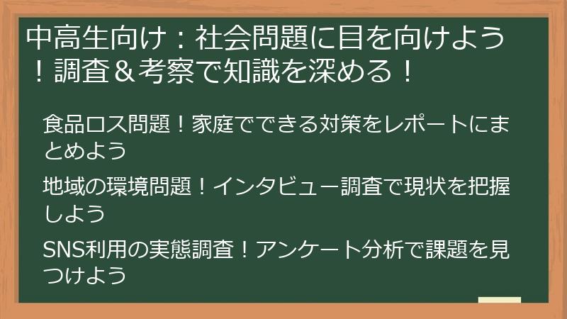 中高生向け：社会問題に目を向けよう！調査＆考察で知識を深める！