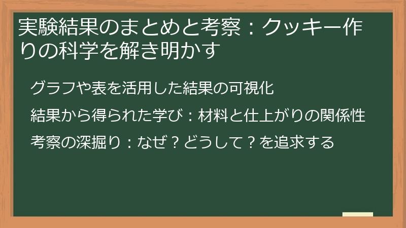 実験結果のまとめと考察：クッキー作りの科学を解き明かす