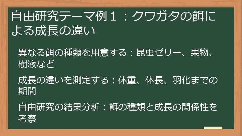 自由研究テーマ例１：クワガタの餌による成長の違い