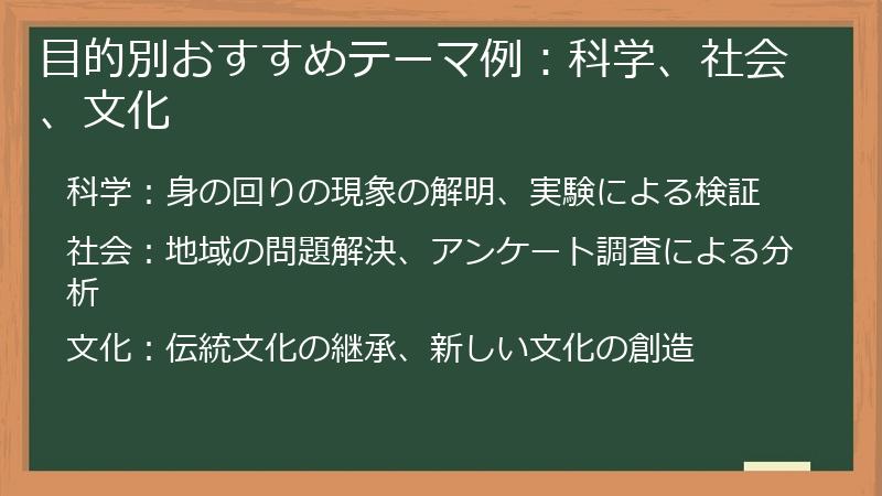目的別おすすめテーマ例：科学、社会、文化