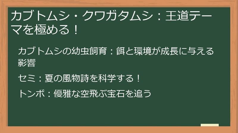 カブトムシ・クワガタムシ：王道テーマを極める！
