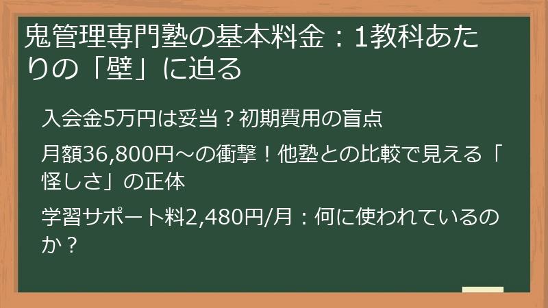 鬼管理専門塾の基本料金：1教科あたりの「壁」に迫る