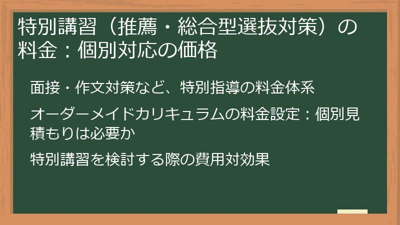 特別講習（推薦・総合型選抜対策）の料金：個別対応の価格