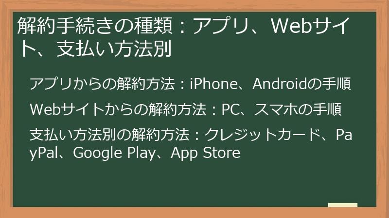 解約手続きの種類：アプリ、Webサイト、支払い方法別