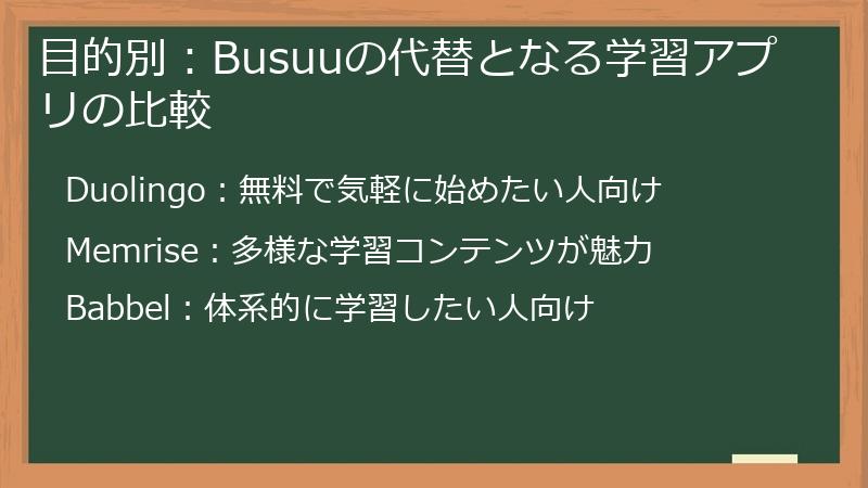 目的別：Busuuの代替となる学習アプリの比較