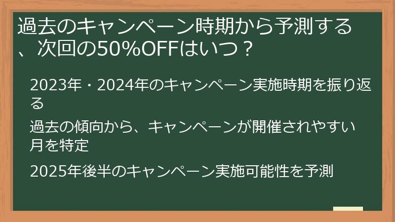 過去のキャンペーン時期から予測する、次回の50%OFFはいつ？