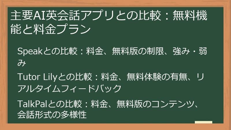 主要AI英会話アプリとの比較：無料機能と料金プラン