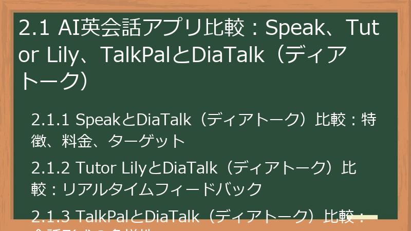 2.1 AI英会話アプリ比較：Speak、Tutor Lily、TalkPalとDiaTalk（ディアトーク）
