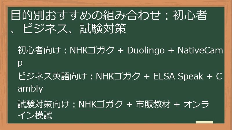 目的別おすすめの組み合わせ：初心者、ビジネス、試験対策